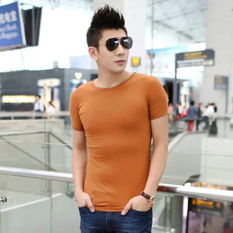 Men's Summer Slim Fit Solid Color Short Sleeve T-Shirt White Elastic Basic Undershirt Qme Brown