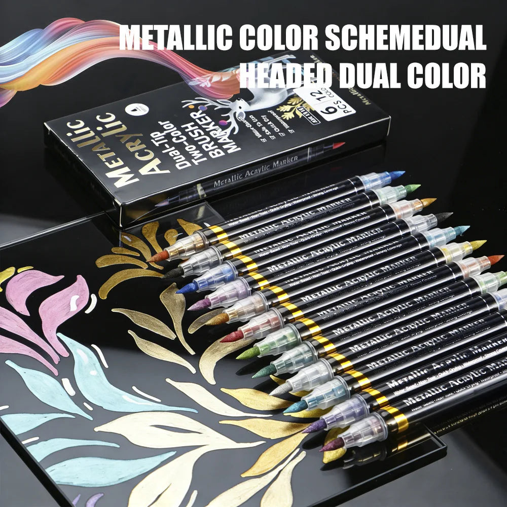 6-24 Pcs Dual Ended Metallic Acrylic Marker Two-color Touch-up Pen Waterproof Permanent for DIY Craft Drawing Graffiti Art Qme
