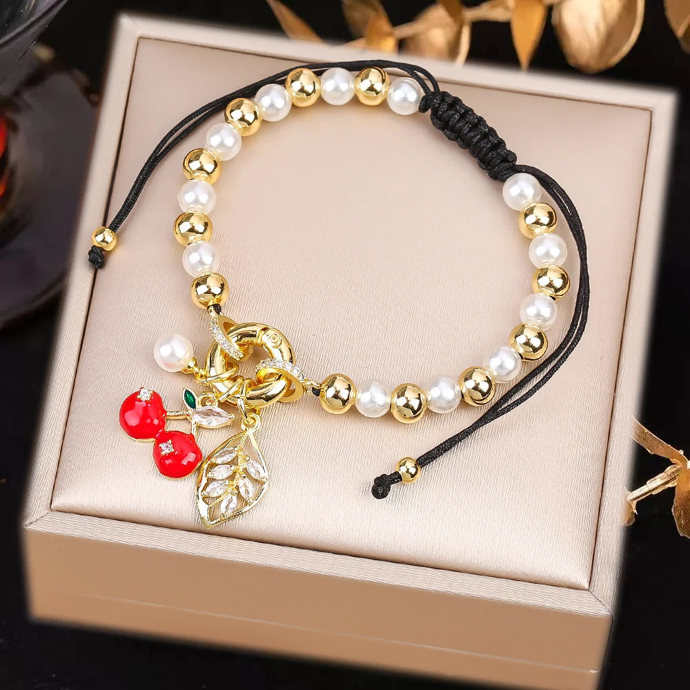 High Quality Pearl Chain Braided Crystal Cherry Adjustable Rope Bracelet Charming For Woman Girl Party Jewelry Gift Daily Wear Qme R