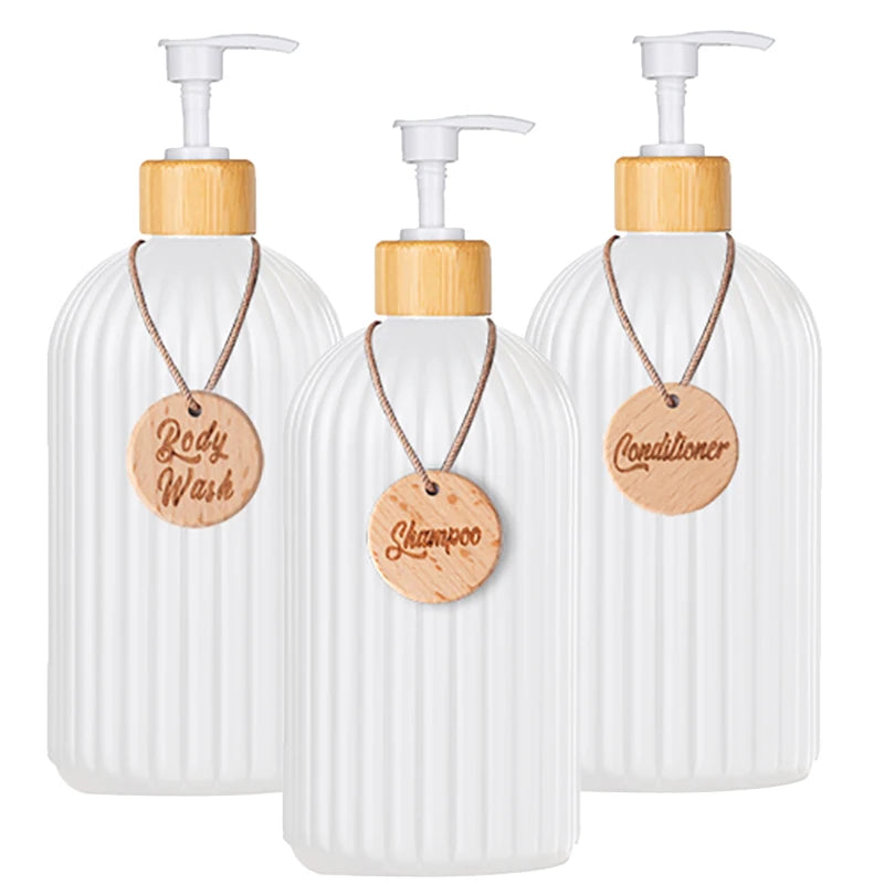 Strip Soap Dispenser with Bamboo Pump Refillable Shampoo Conditioner Hands and Dishes Soap Dispenser Bottle for Kitchen Bathroom Qme 3pcs white
