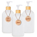 Strip Soap Dispenser with Bamboo Pump Refillable Shampoo Conditioner Hands and Dishes Soap Dispenser Bottle for Kitchen Bathroom Qme 3pcs white