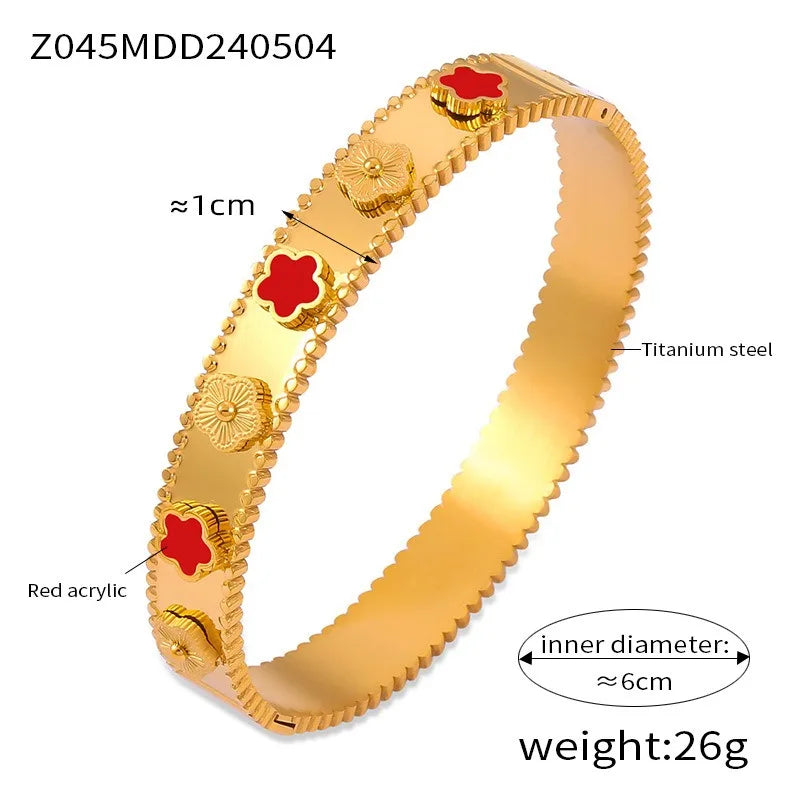 Unisex Gold/Silver Classic Stainless Steel Laser Five-Leaf Flower Open Bracelet & Bangles Simple For Woman Party Jewelry Clover Qme Gold 4