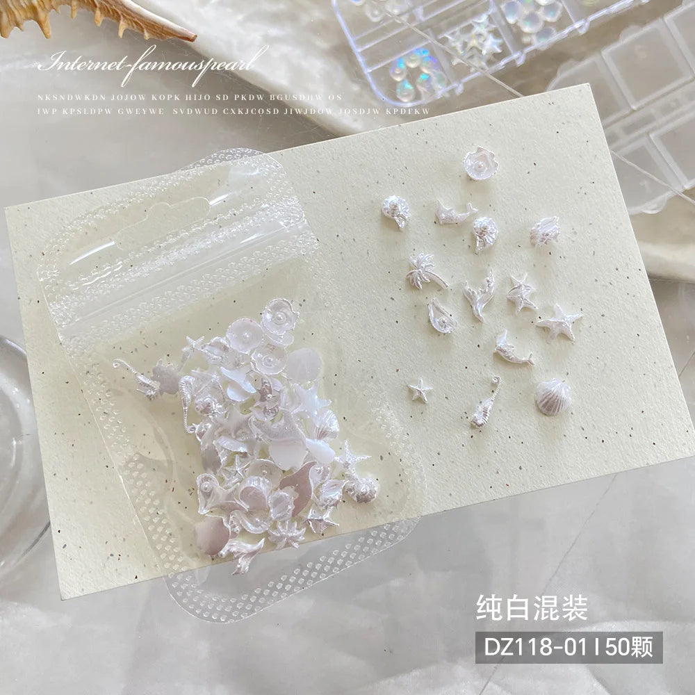 Mixed Aurora Shell Nail Charms Ocean Series Starfish Conch Coconut Tree Resin Nail Art Decorations DIY Manicure Accessories Qme D 50pcs mix per pack