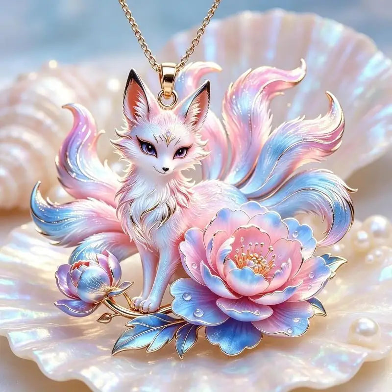 Nine Tailed Fox Pendant Necklace Unique Peony Flower Design Gold Plated Jewelry for Women Gifts Qme