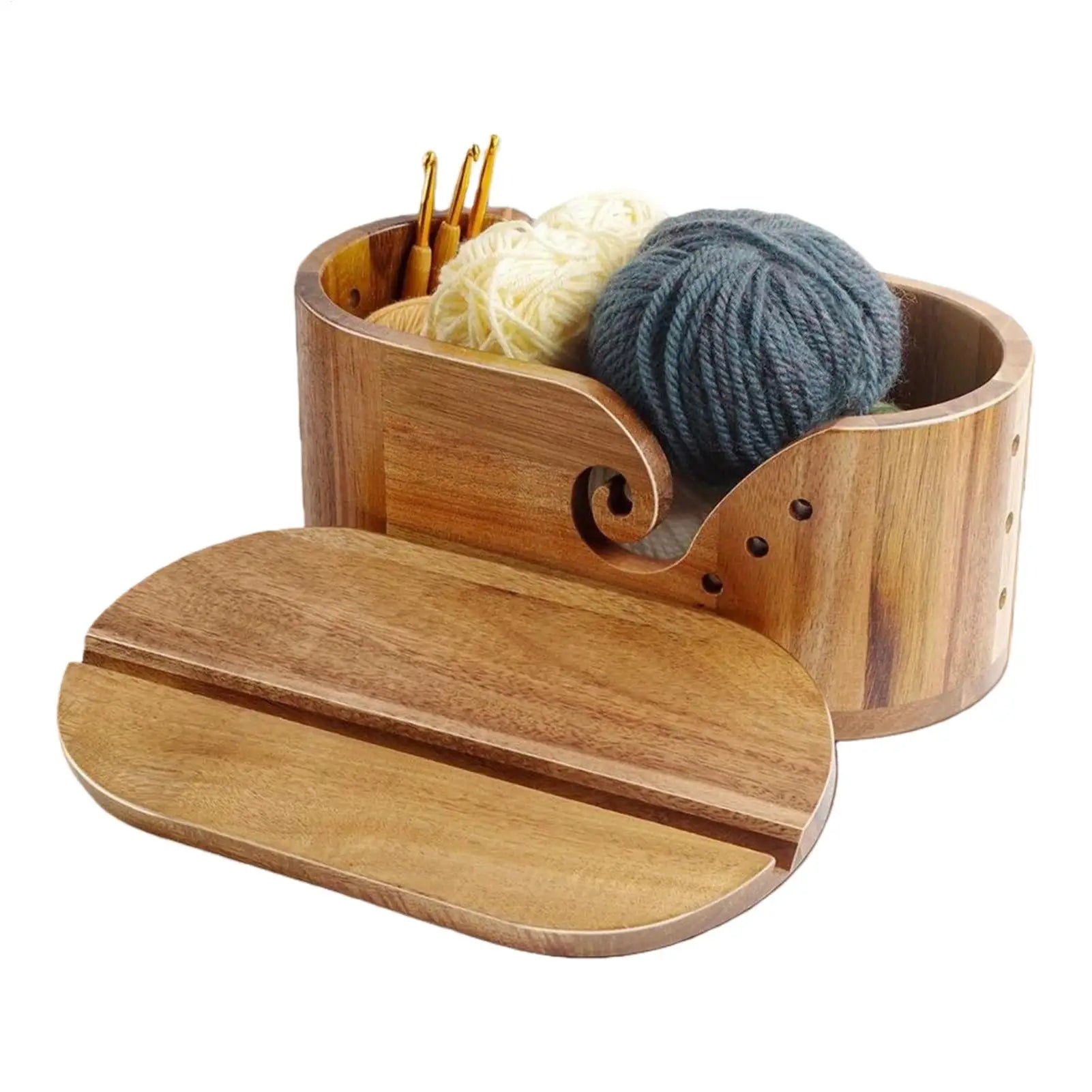 Yarn Bowl Knitting Wooden Lidded Thread Storage Double Curling Holder Qme