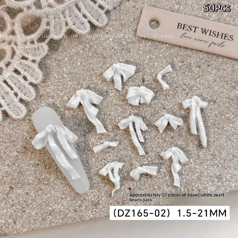 Bowknot Nail Art Decorations 3D Satin Light Charms Colorful Ribbon Qme White