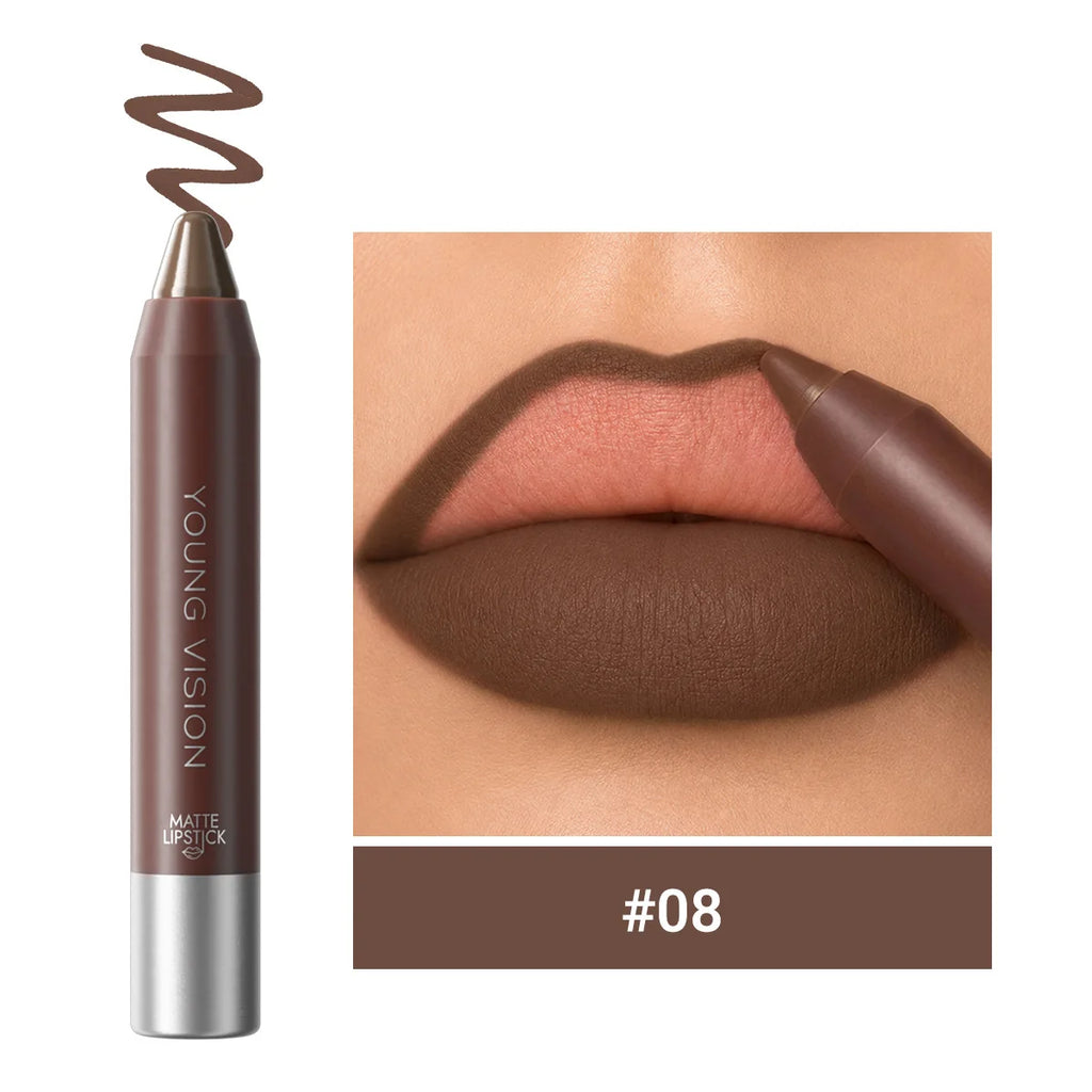 3-in-1 Matte Lip Pencil Crayon, Chocolate Brown Velvet Smooth Lip Liner, LongLasting Waterproof Lipstick for Ombre Gradient Lips Qme 08