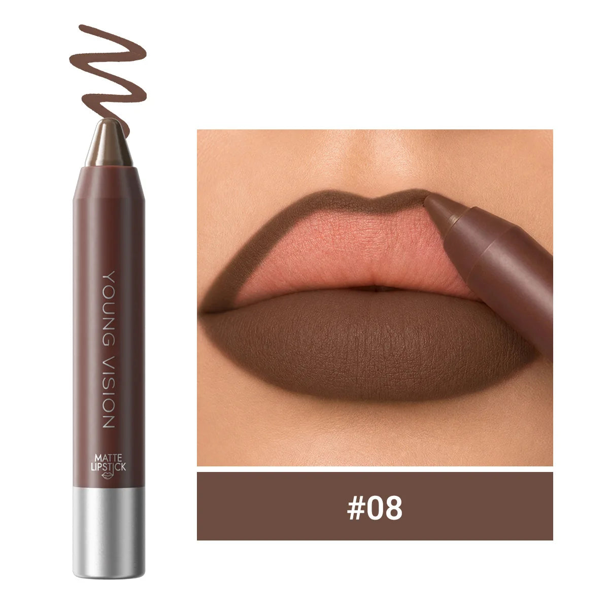 3-in-1 Matte Lip Pencil Crayon, Chocolate Brown Velvet Smooth Lip Liner, LongLasting Waterproof Lipstick for Ombre Gradient Lips Qme 08
