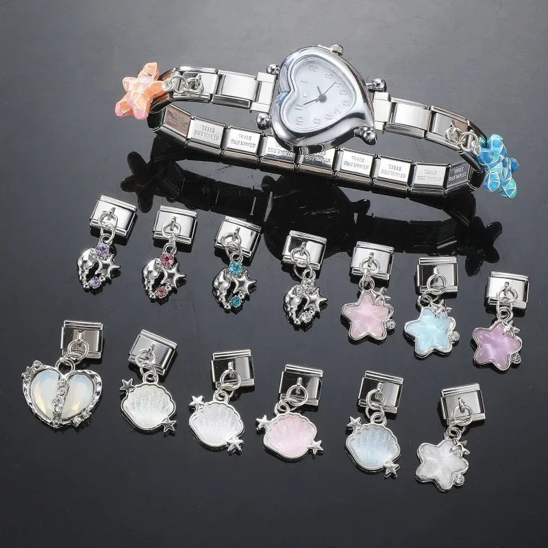 2025 Shiny Zircon Shells Starfish Conch Blue Italian Charm Links Fit 9mm Stainless Steel Bracelet Women Jewelry DIY Making Gifts Qme