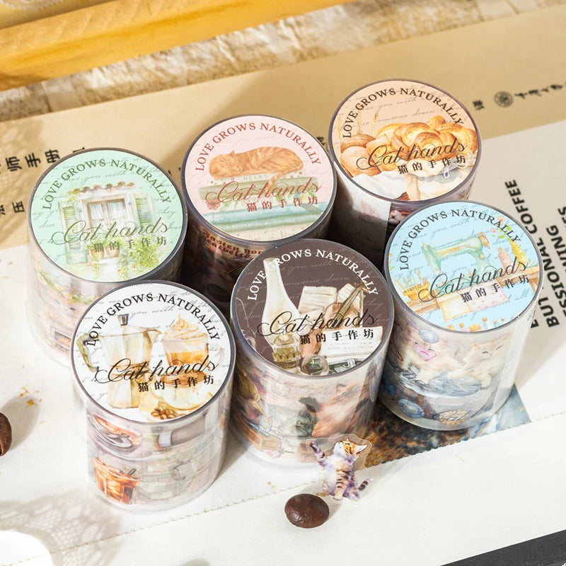 PET Material Tape Maker Cat Hand Workshop Series Cute Cat Coffee Bread Floral Pattern DIY Decorative for Phone Case Computer Cup Qme