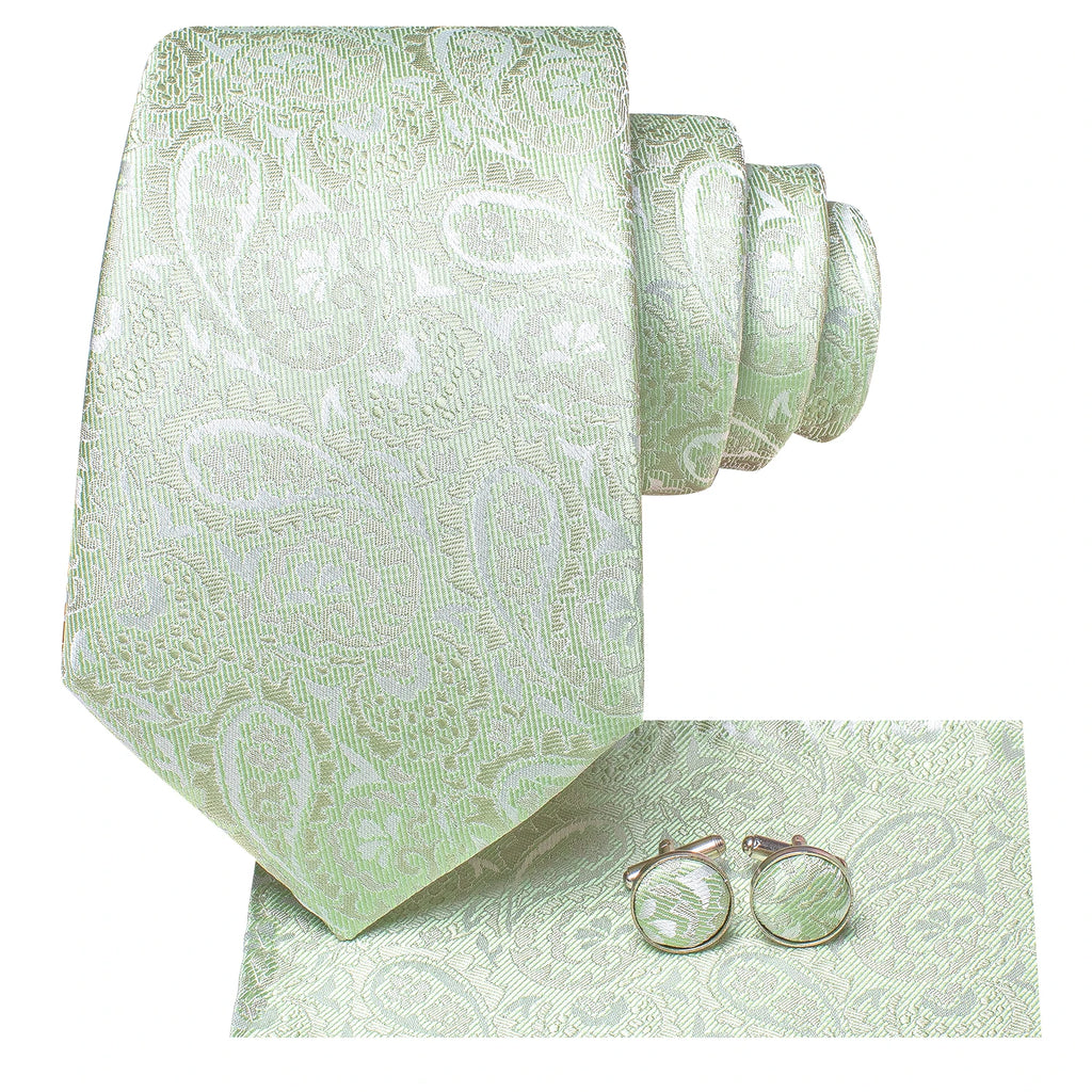 Hi-tie Luxury Box Light Green Paisley Jacquard Pattern Soft Men's Qme