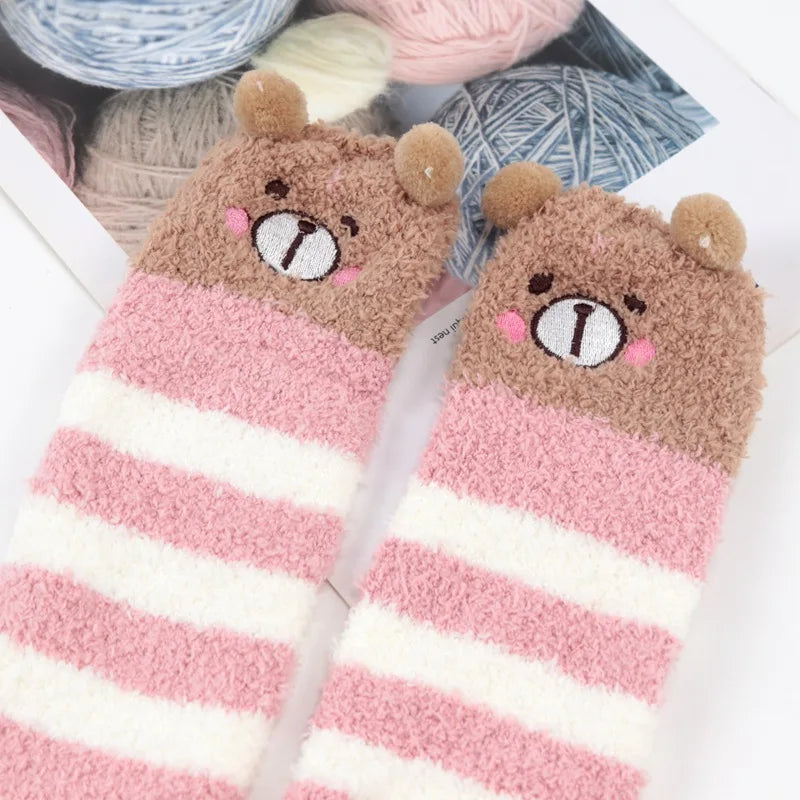 Women Girl Cute Winter Striped Coral Velvet Long Socks Warm Thicke Knee Length Socks Cute Bear Fox Sheep Home Towel Stockings Qme