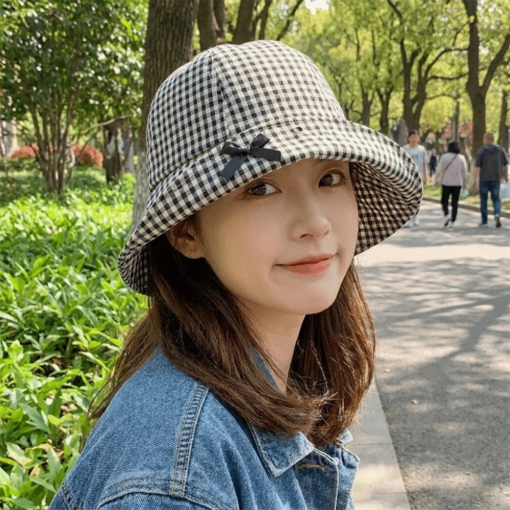Stylish Black Bowknot Plaid Bucket Hat Casual Gingham Check Wide Brim Sun Hat Dome Basin Versatile Fisherman Hat Vacation Qme