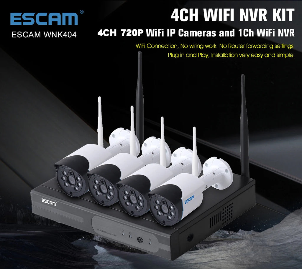 ESCAM WNK404 4CH 1080P Outdoor IR Video Wireless Surveillance Security IP Camera CCTV NVR System Kit Qme